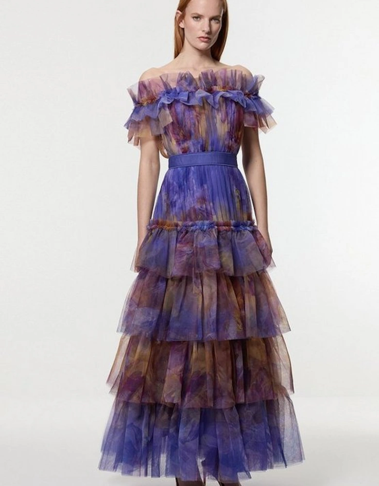 Floral Print Tulle Layered Off The Shoulder Maxi Dress