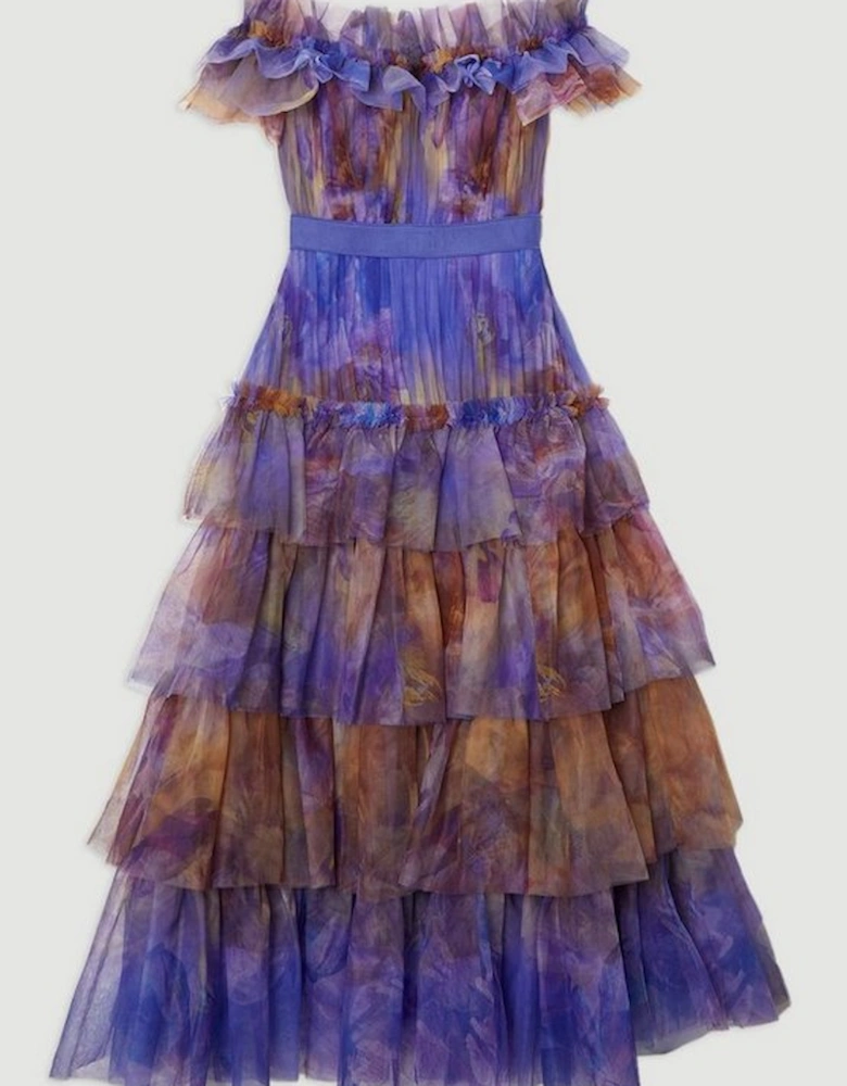 Floral Print Tulle Layered Off The Shoulder Maxi Dress