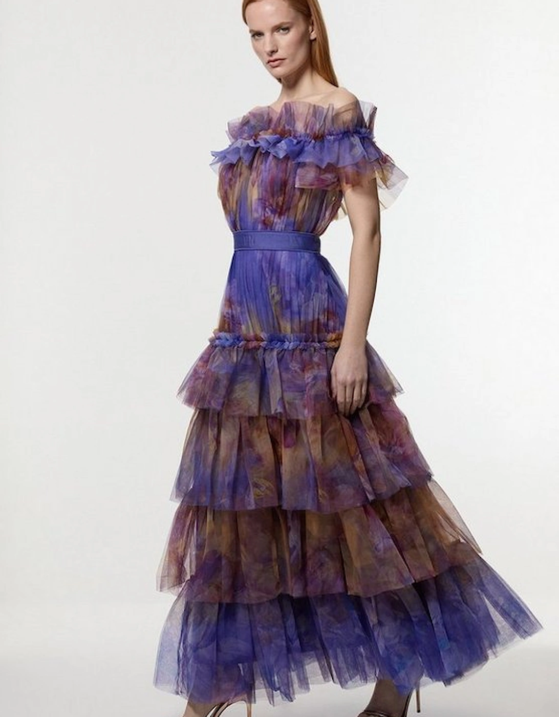 Floral Print Tulle Layered Off The Shoulder Maxi Dress, 5 of 4