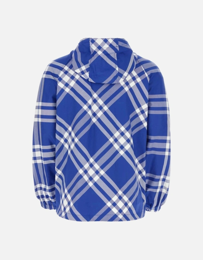 Check-Pattern Hooded Blue Zip-Up Jacket
