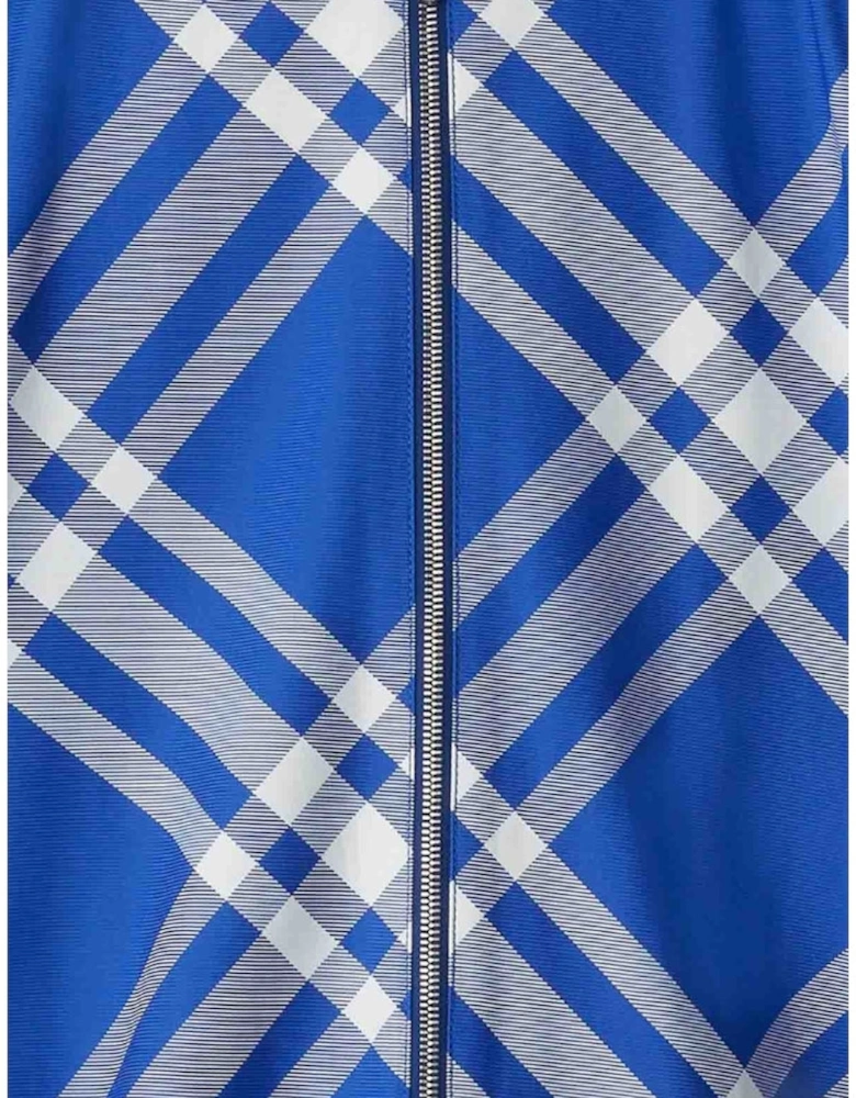 Check-Pattern Hooded Blue Zip-Up Jacket