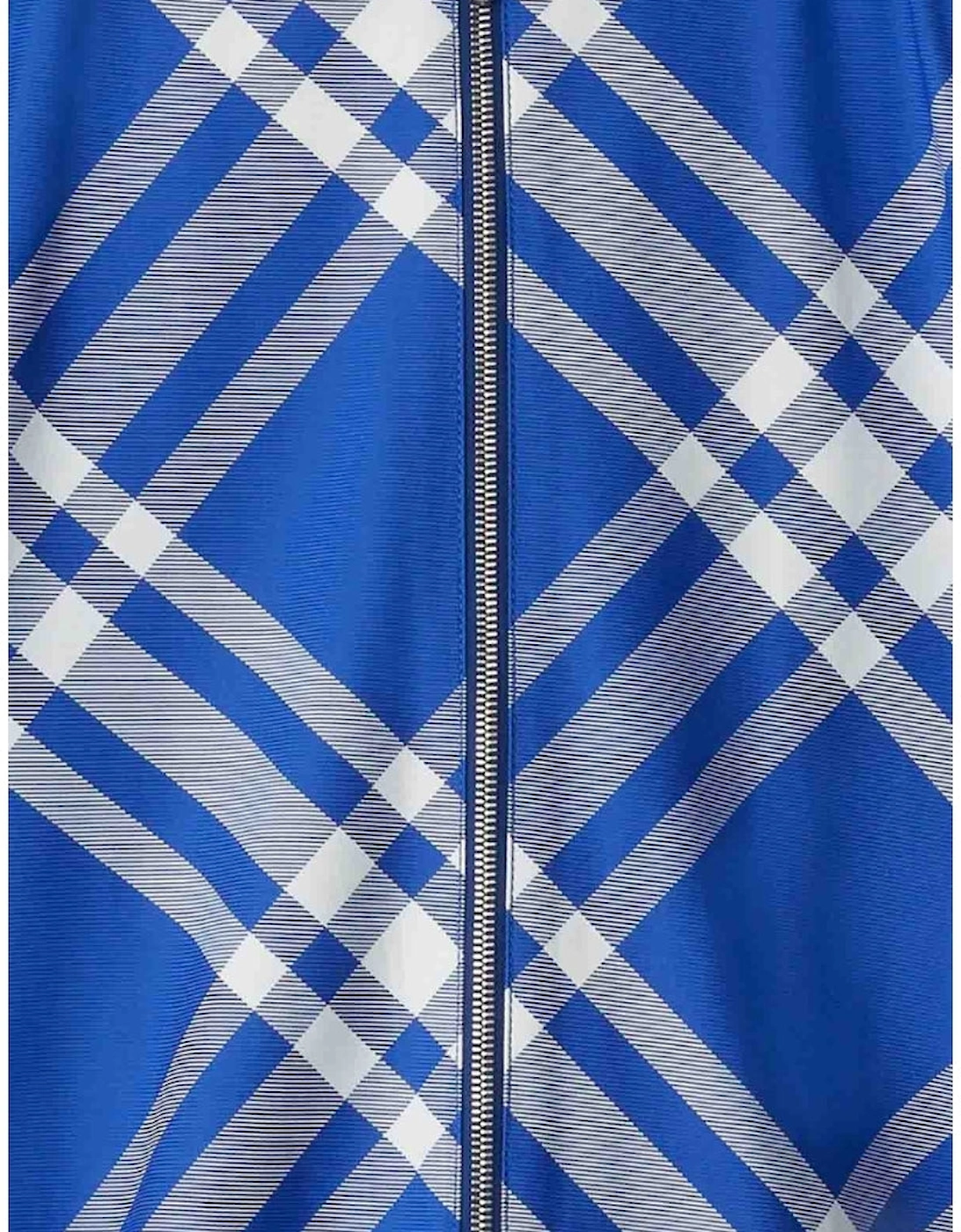Check-Pattern Hooded Blue Zip-Up Jacket