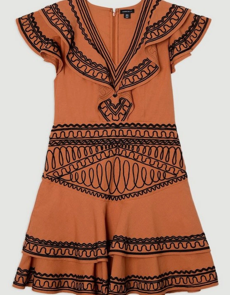Embroidered Cotton Linen Woven Plunge Mini Dress