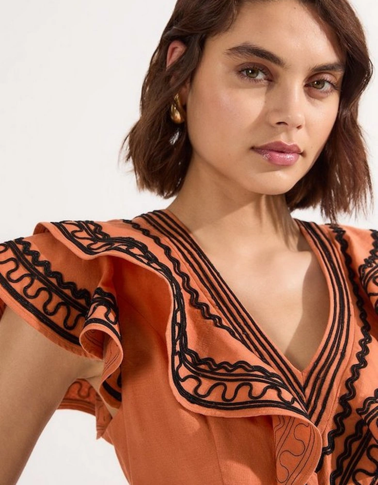 Embroidered Cotton Linen Woven Plunge Mini Dress
