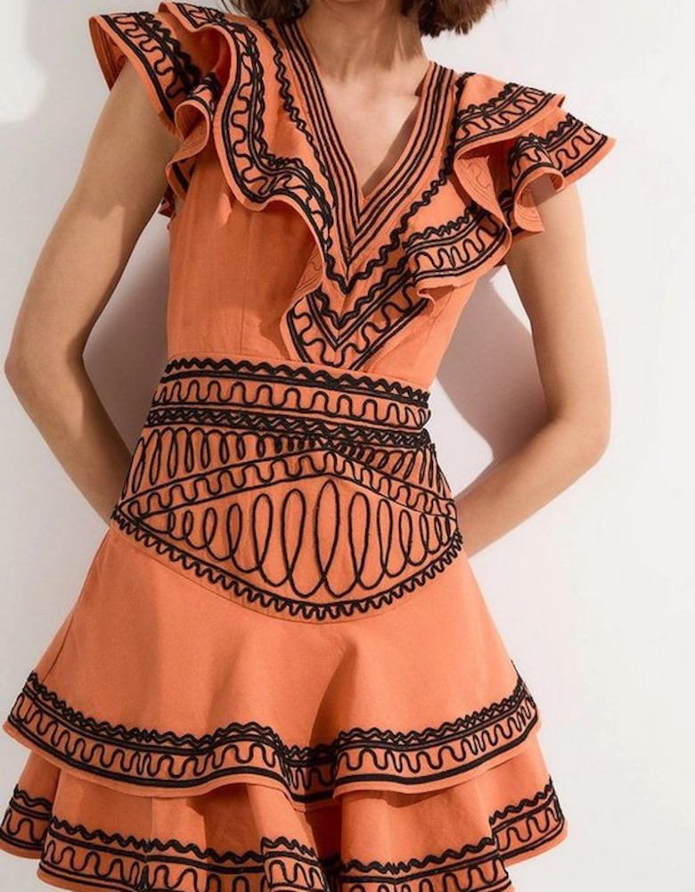 Embroidered Cotton Linen Woven Plunge Mini Dress