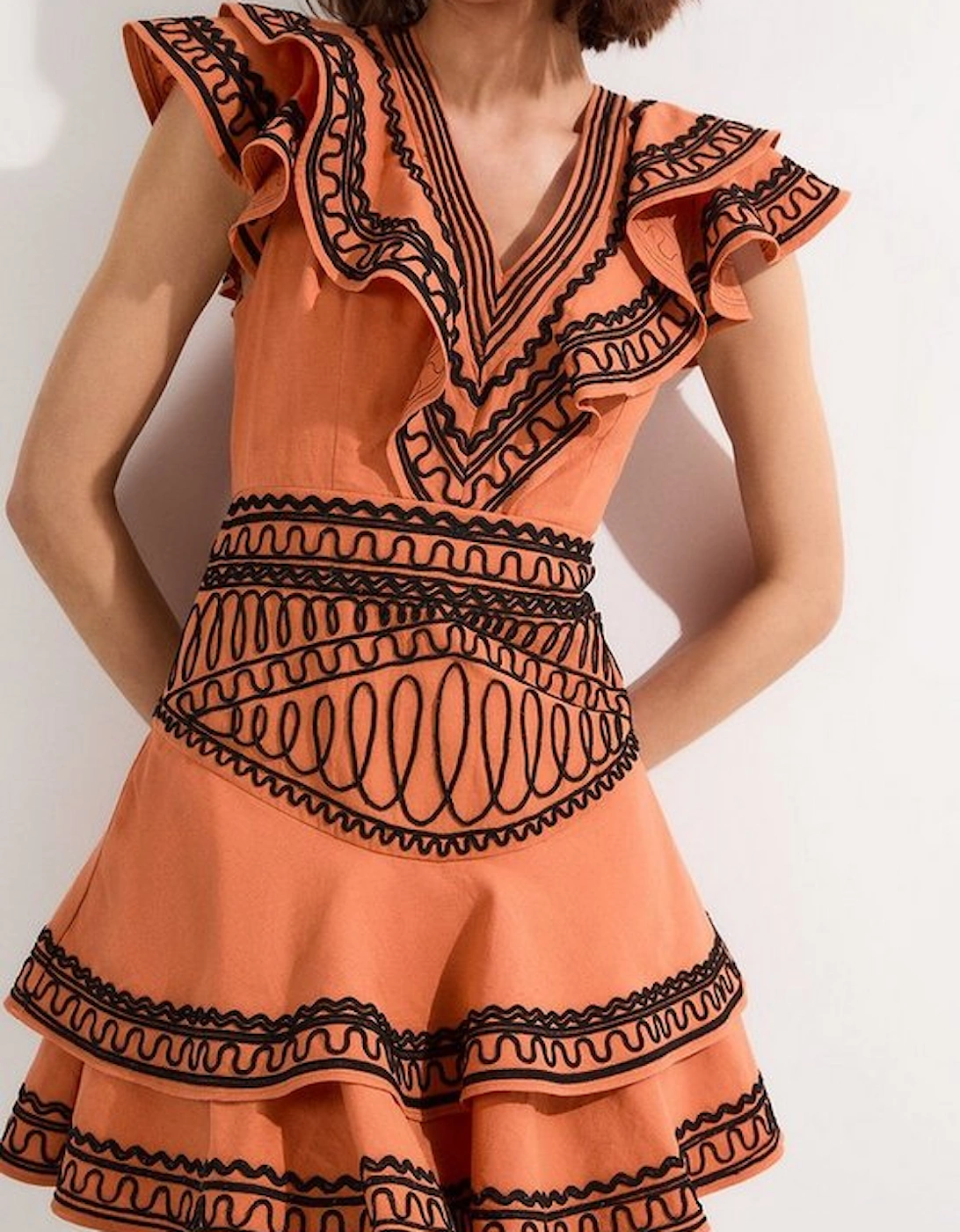 Embroidered Cotton Linen Woven Plunge Mini Dress, 5 of 4