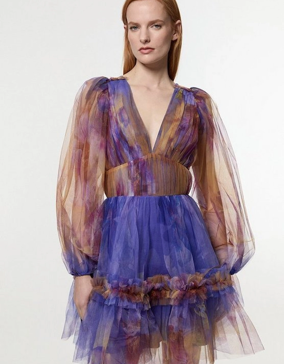 Floral Tulle Plunge Long Sleeve Woven Mini Dress, 5 of 4