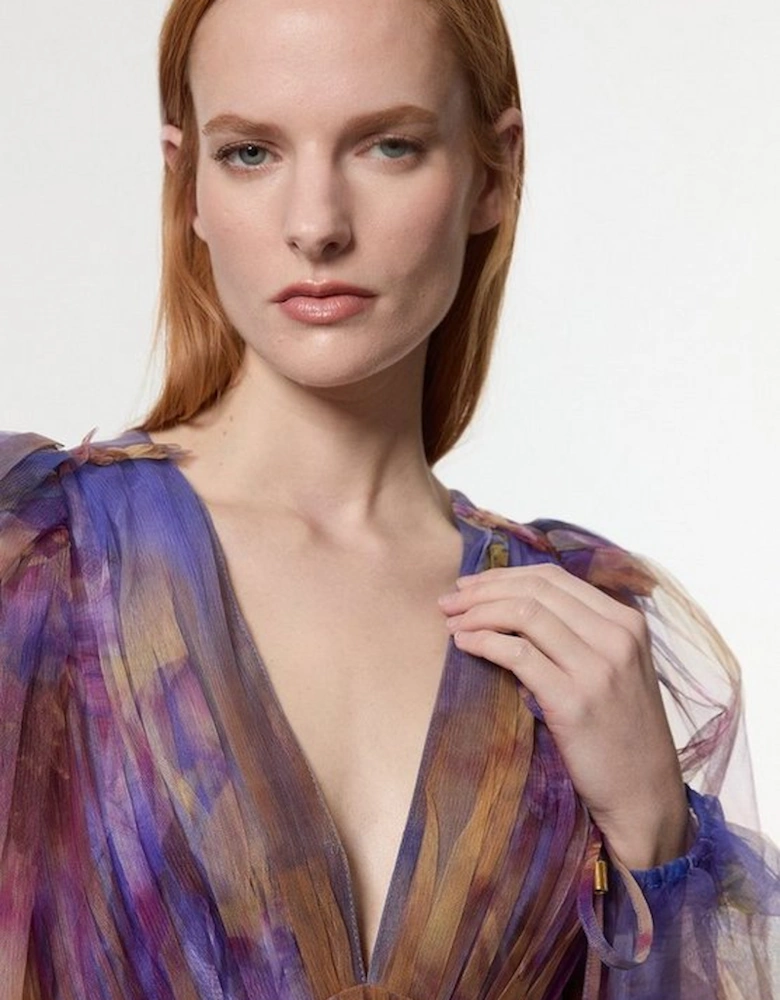 Floral Tulle Plunge Long Sleeve Woven Mini Dress