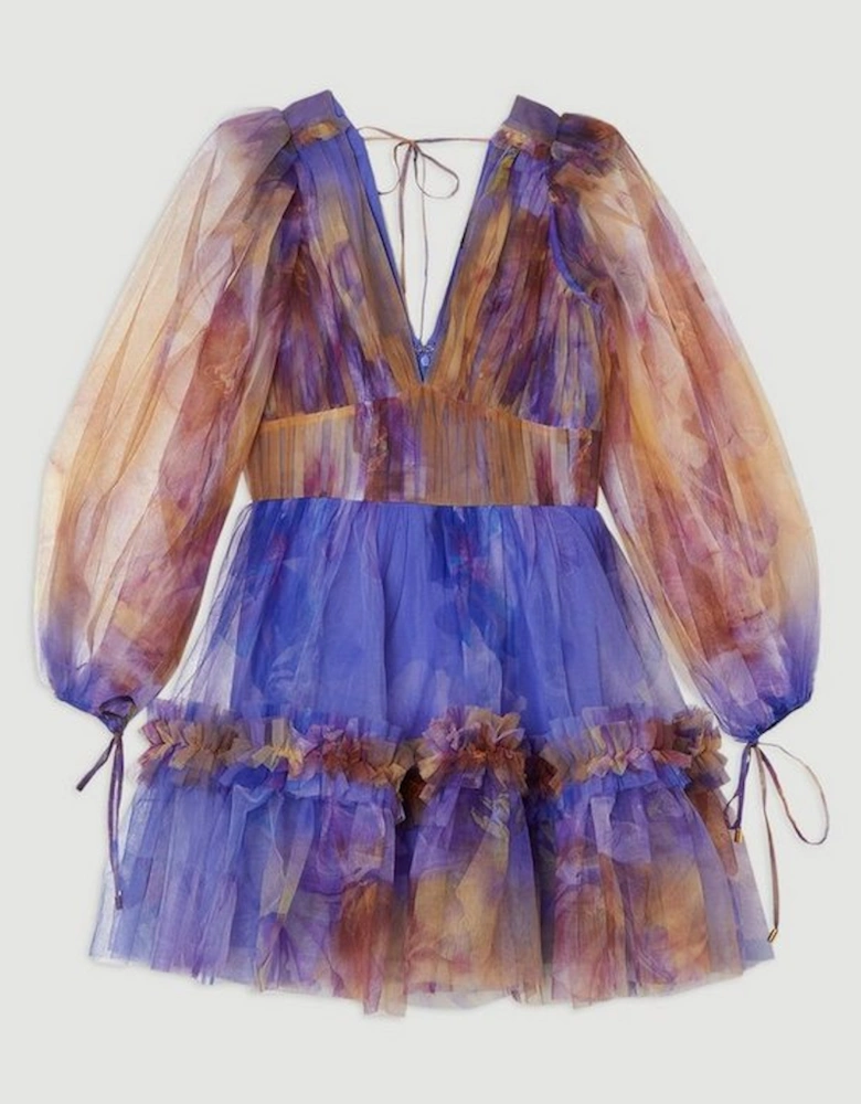 Floral Tulle Plunge Long Sleeve Woven Mini Dress