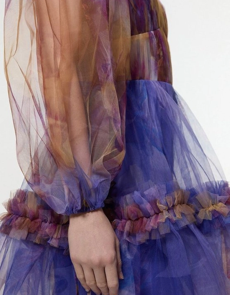 Floral Tulle Plunge Long Sleeve Woven Mini Dress