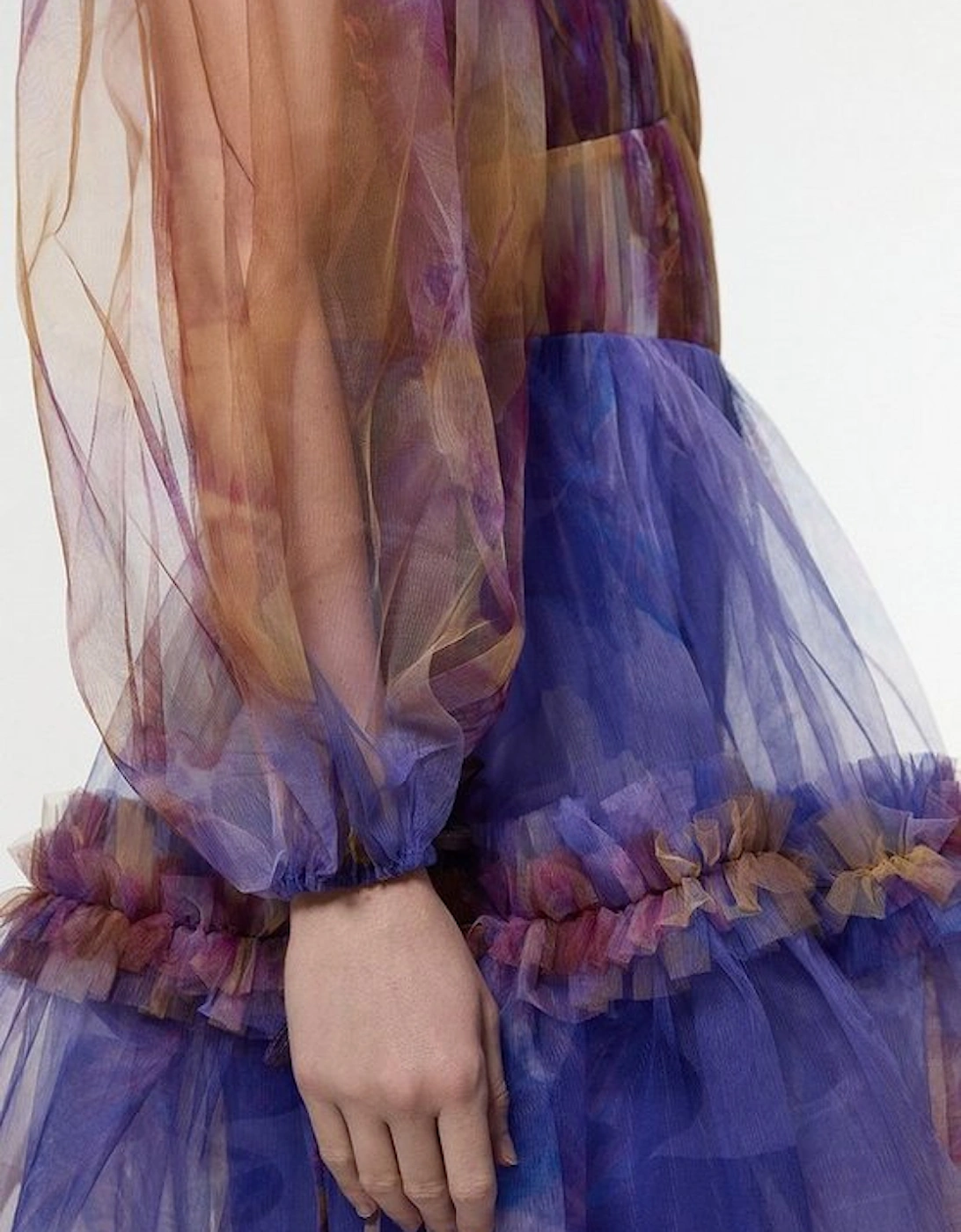 Floral Tulle Plunge Long Sleeve Woven Mini Dress