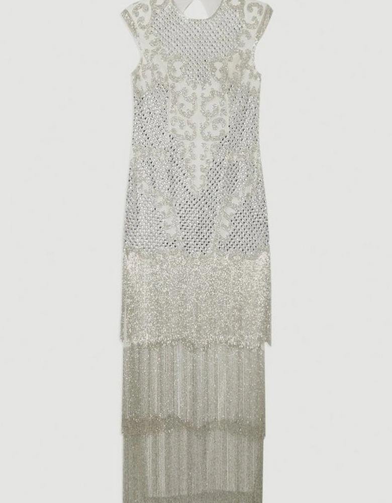 Crystal Embellished Fringe Maxi Dress
