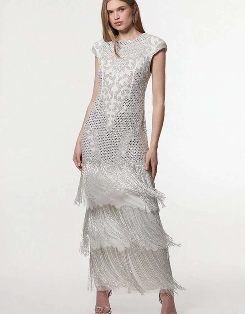 Crystal Embellished Fringe Maxi Dress