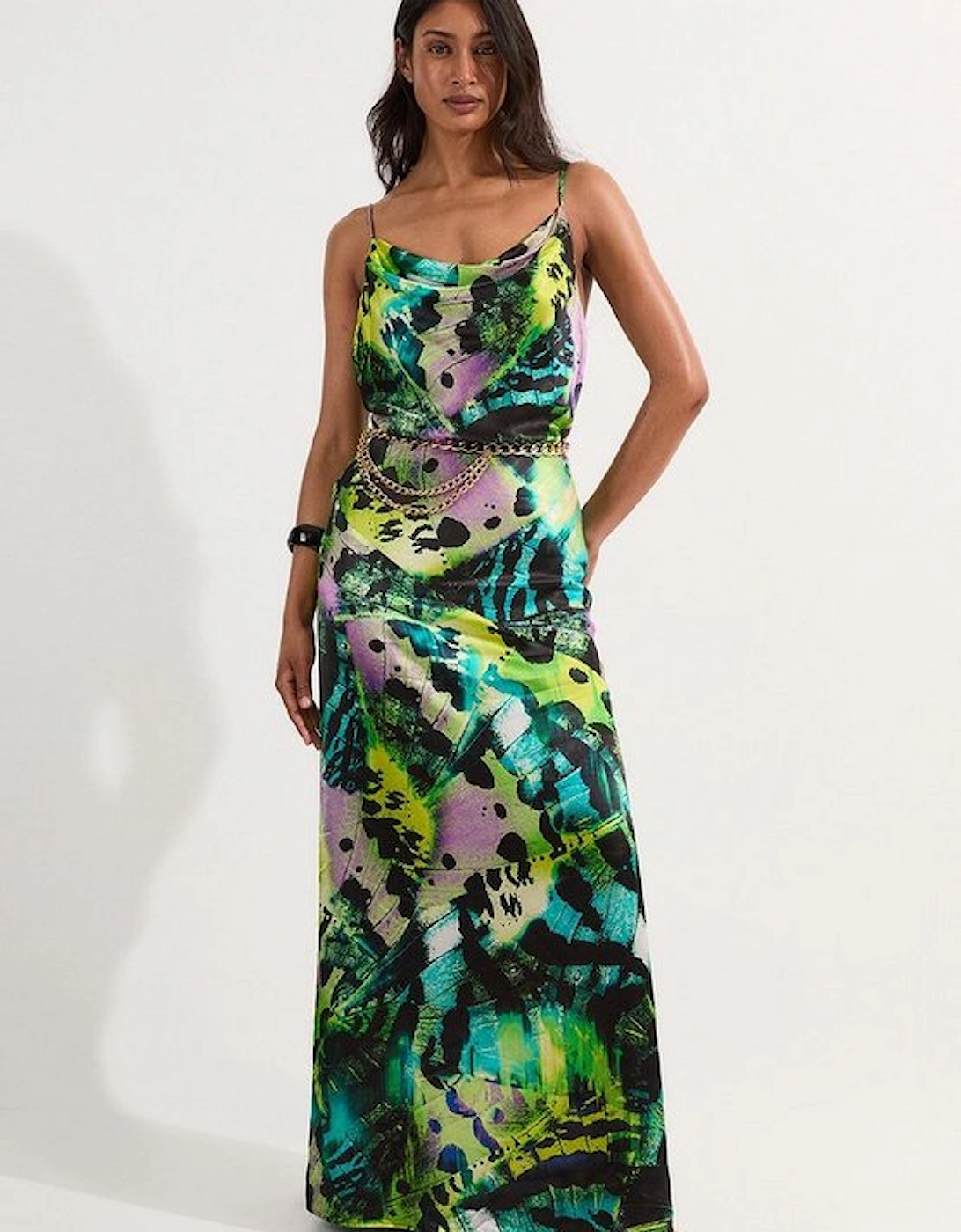 Butterfly Viscose Satin Cowl Detail Belted Maxi Dress, 5 of 4