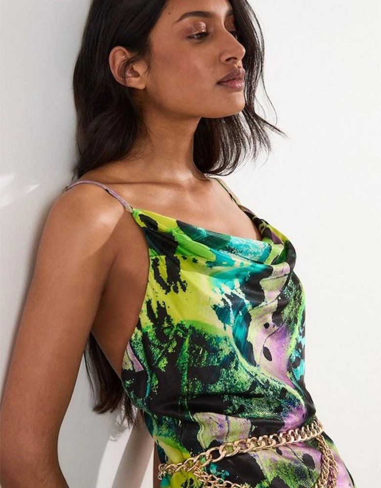 Butterfly Viscose Satin Cowl Detail Belted Maxi Dress