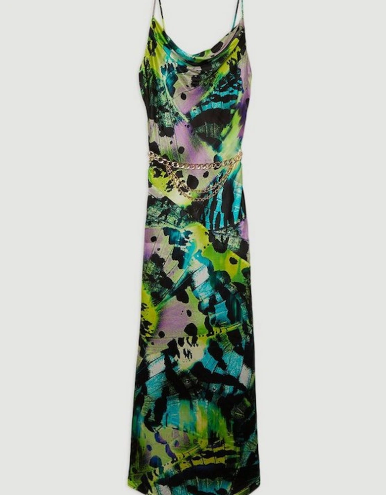 Butterfly Viscose Satin Cowl Detail Belted Maxi Dress