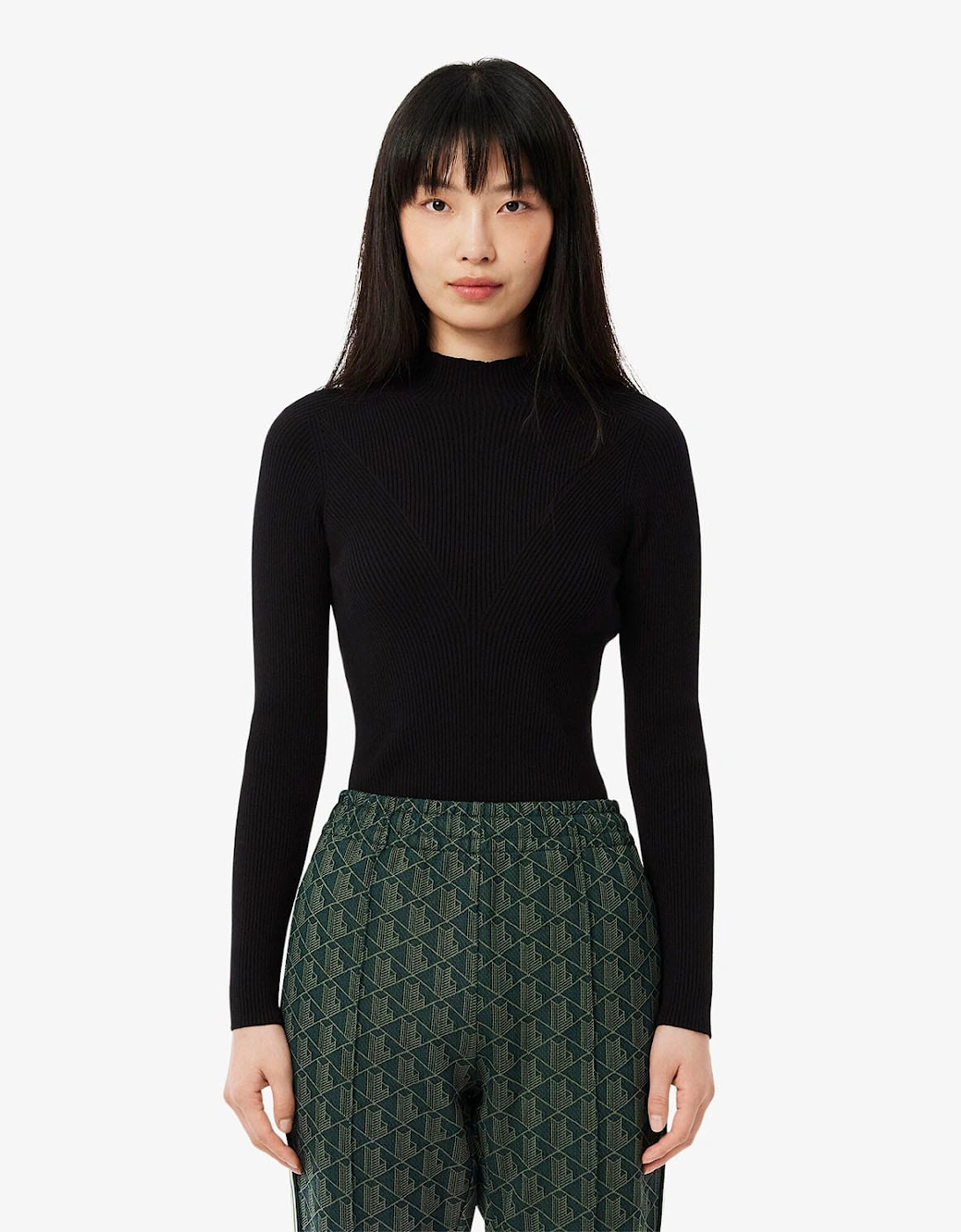 Lacoste Women's High Neck 3D Rib Knit Sweatshirt - Black - Size: 6