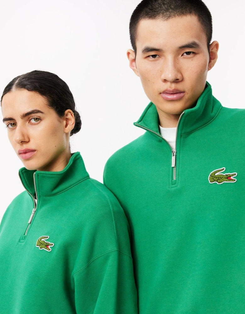 Loose Fit Zip Neck Badge Accent Sweatshirt