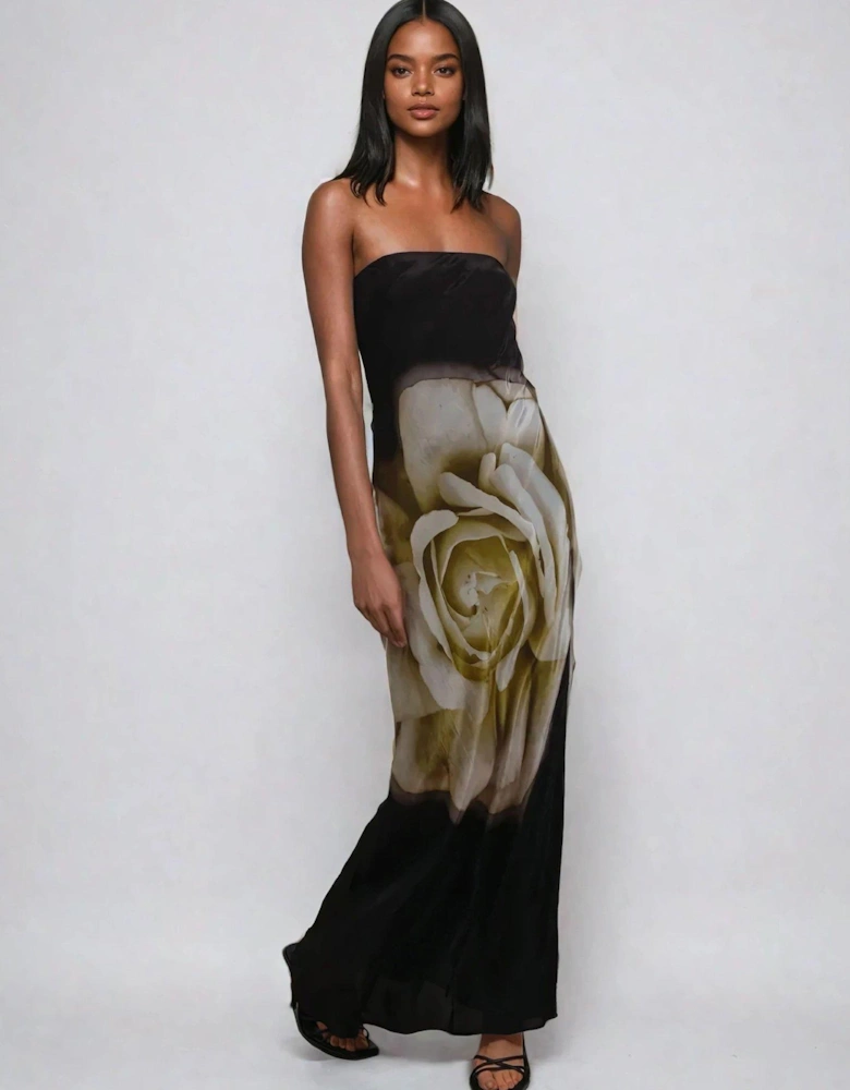 Coco Maxi Bandeau Dress With Large Floral Print - Black