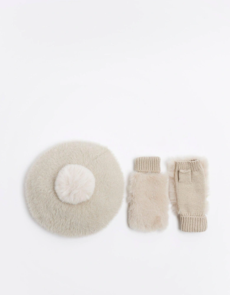 Girls Faux Fur Beret And Mitten Set - Beige