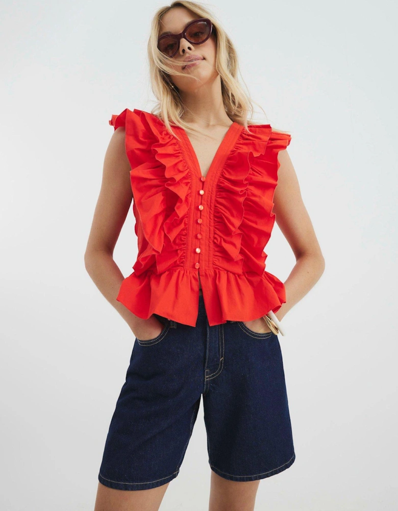 Short Sleeve Ruffle Front Button Top - Red
