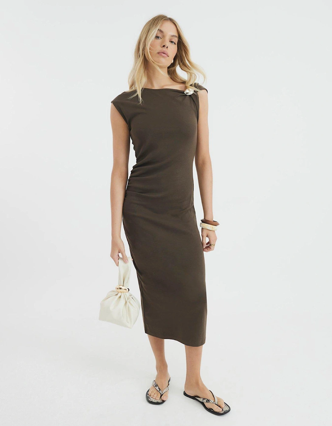 Short Sleeve Drape Trim Midi Dress - Brown, 2 of 1