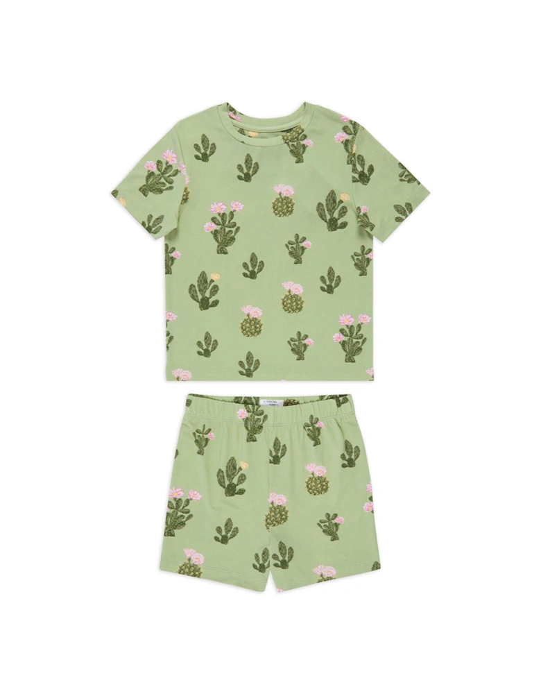 Unisex Kids Detailed Cacti Print T-shirt And Short Pyjama Set - Khaki