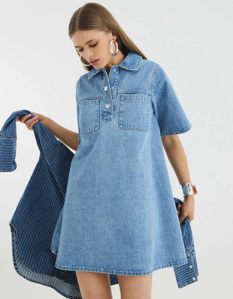 Short Sleeve Denim Collared Shirt Dress
