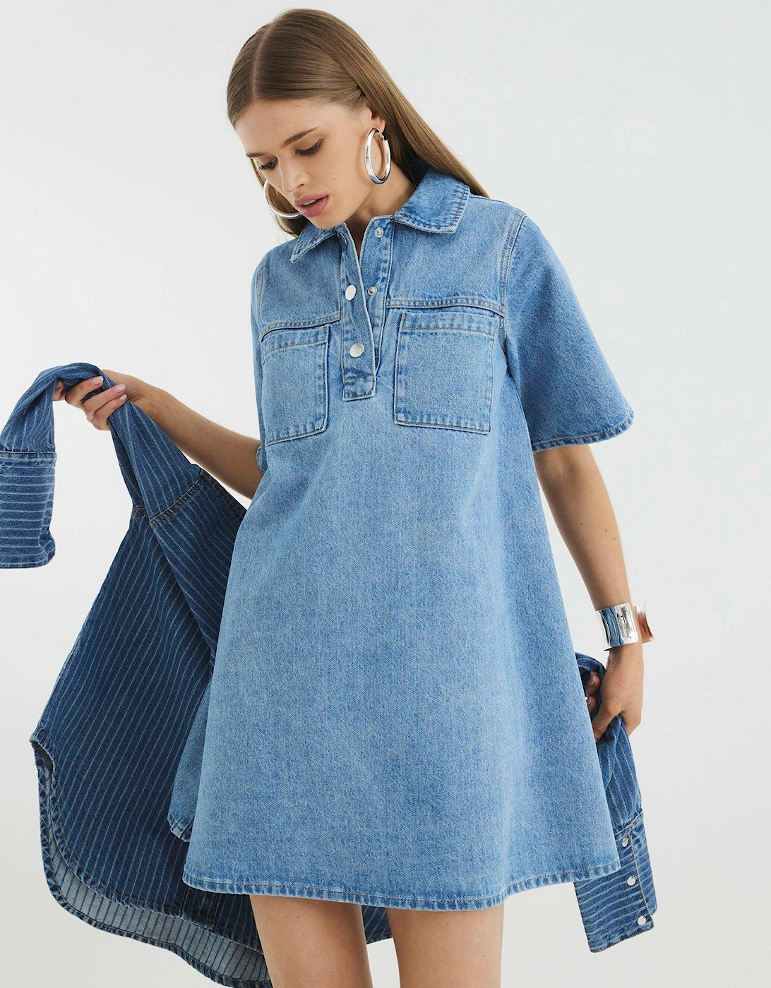 Short Sleeve Denim Collared Shirt Dress, 2 of 1