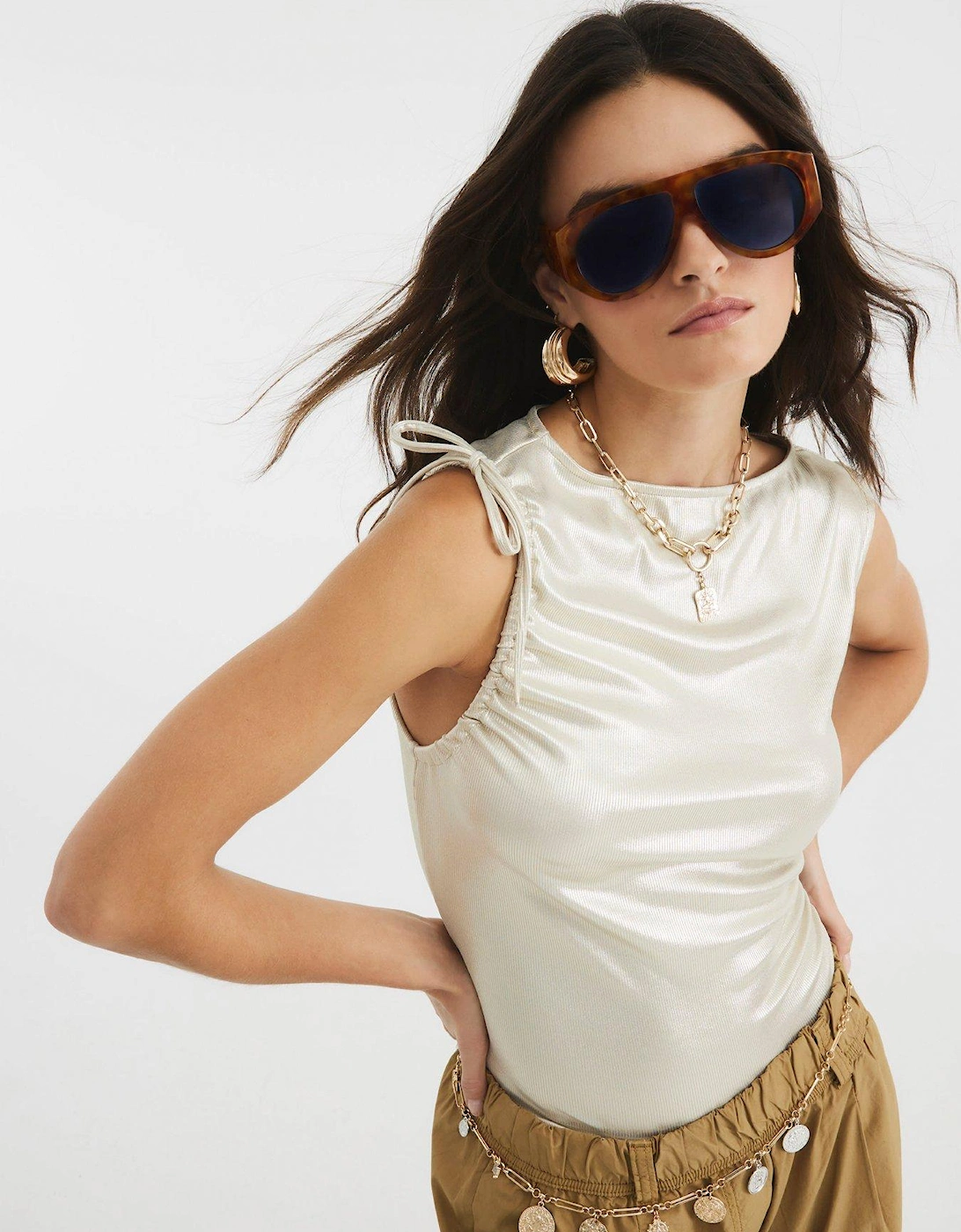 Sleeveless Coated Ribbed Drape Top, 2 of 1