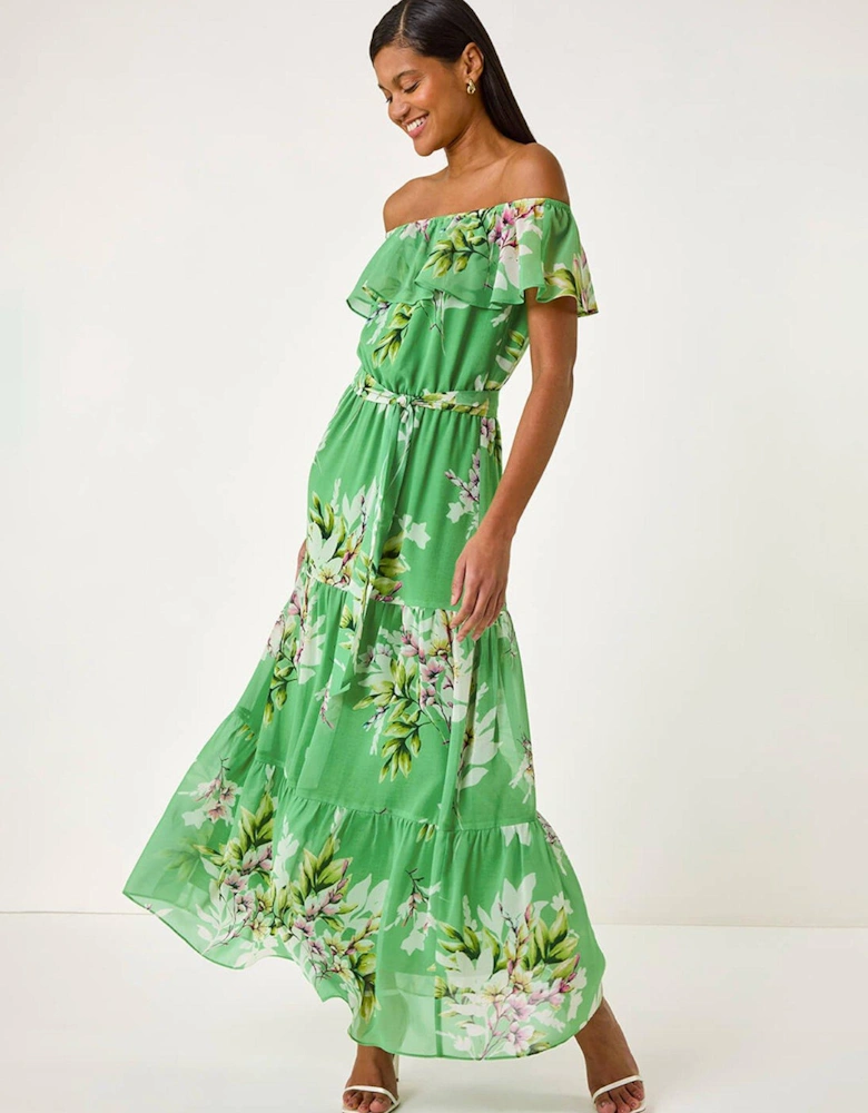 Floral Bardot Belted Maxi Dress - Green