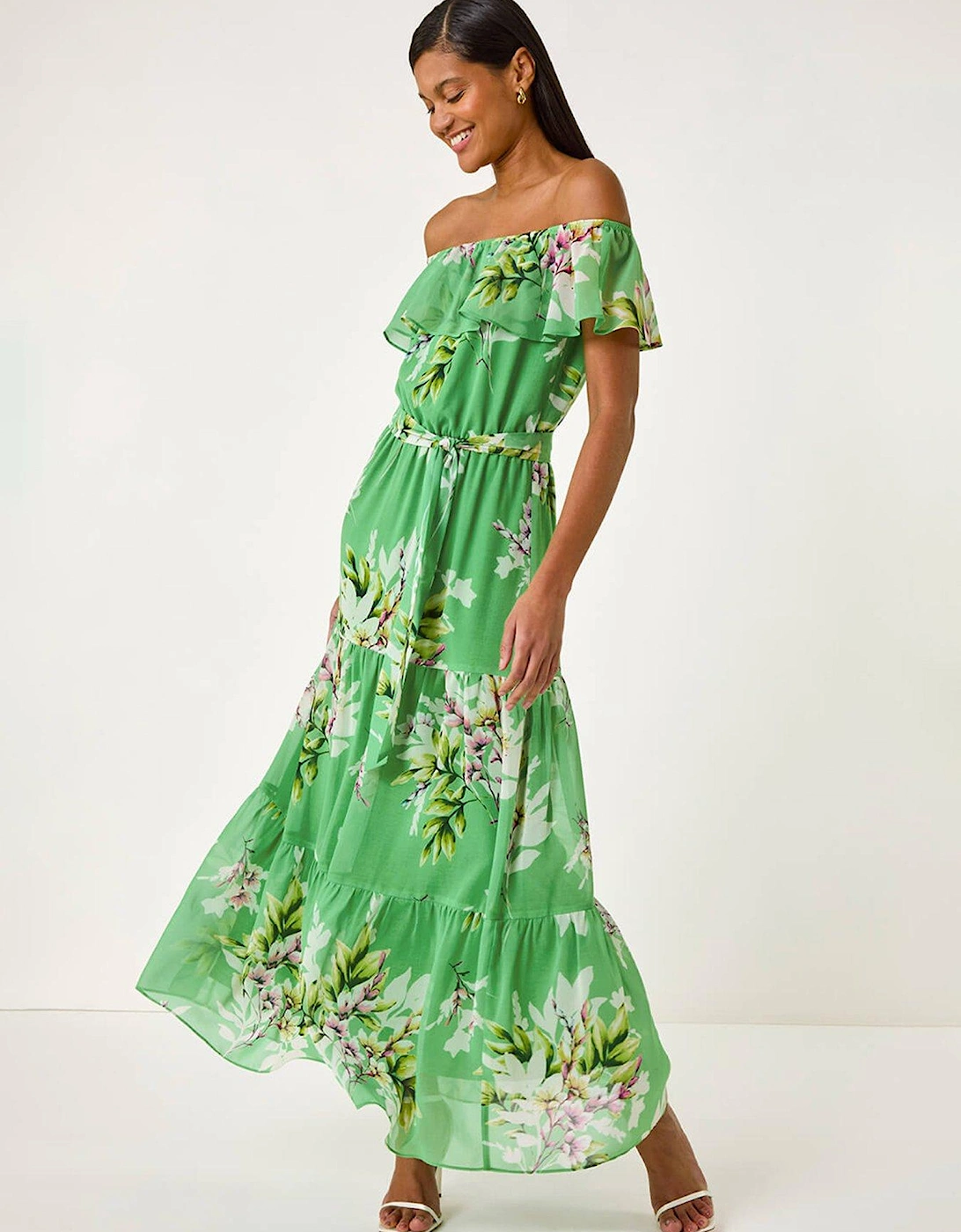 Floral Bardot Belted Maxi Dress - Green, 2 of 1