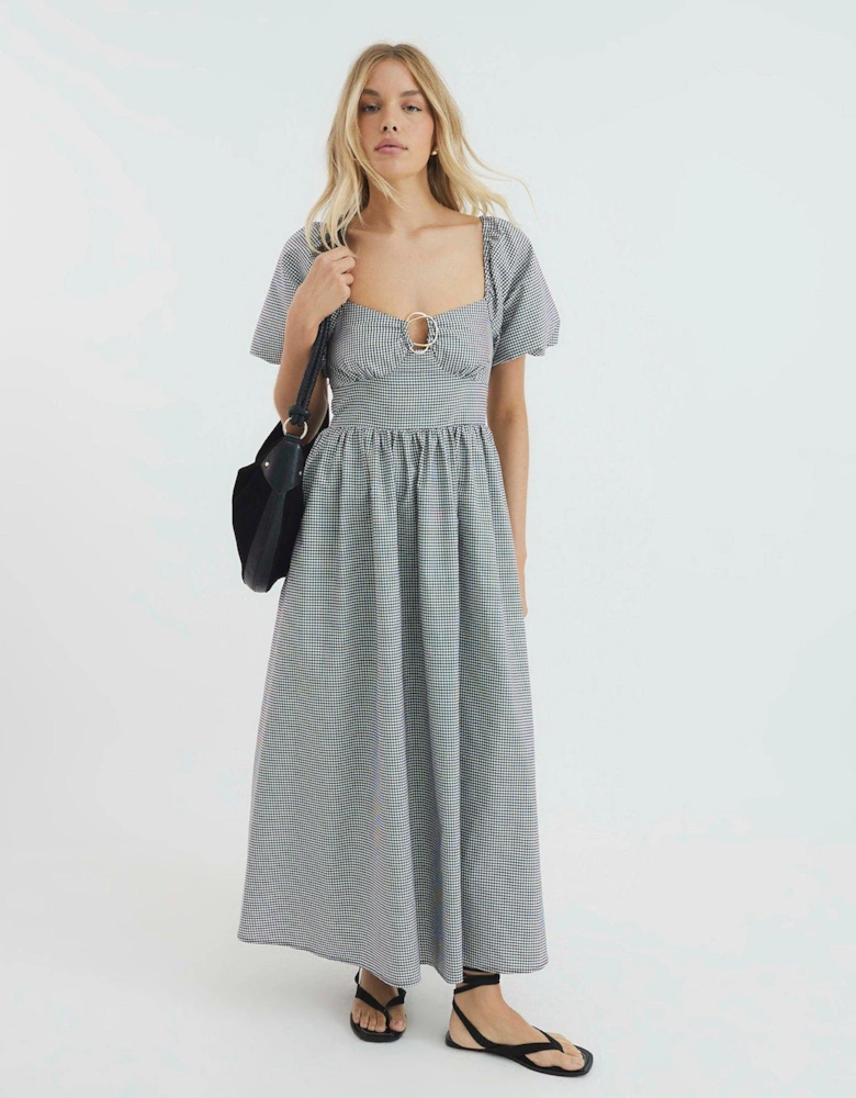 Gingham Trim Detail Midi Dress - Black