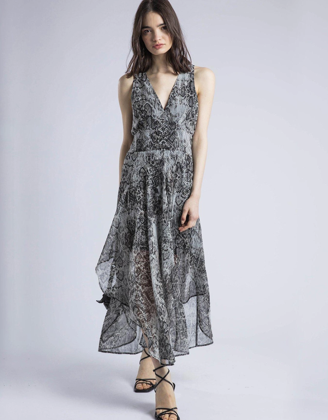 Aida Midi Dress In Snake Skin Print With Handkerchief Hem - Natural, 2 of 1