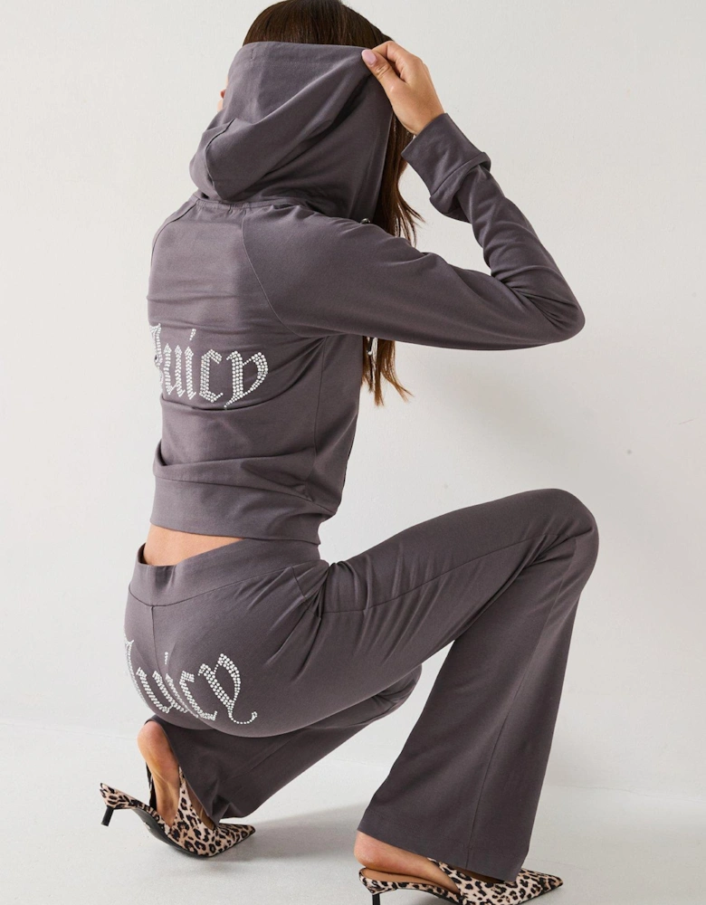Low Rise Jersey Flare Pant With Diamante Logo - Grey