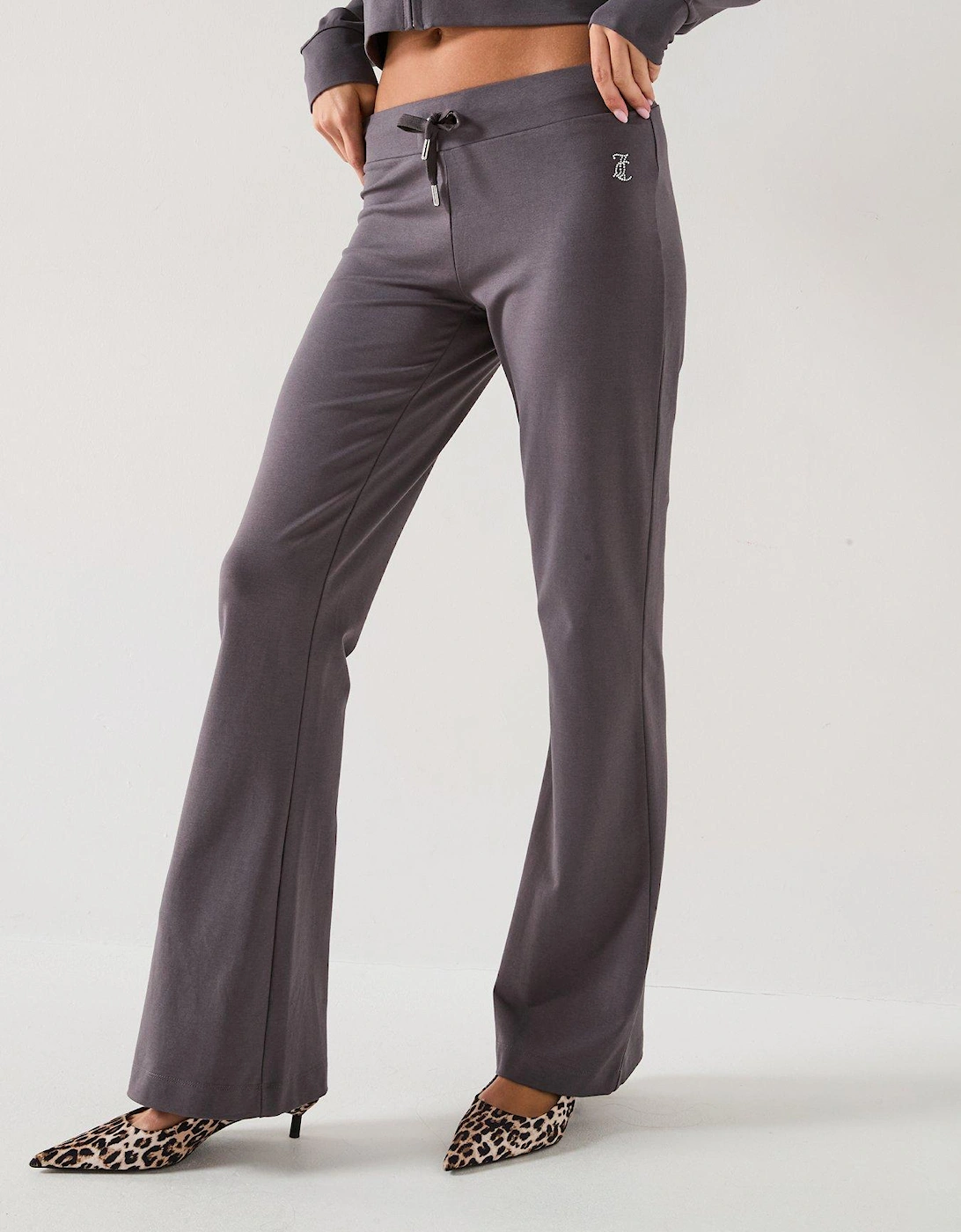 Low Rise Jersey Flare Pant With Diamante Logo - Grey
