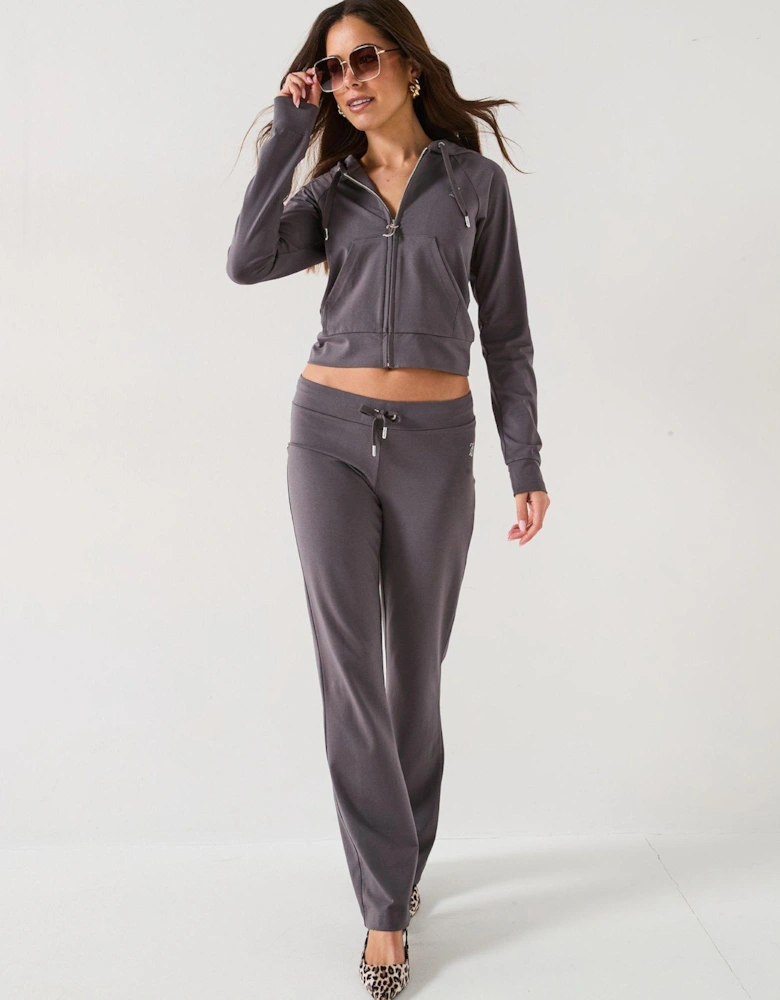 Low Rise Jersey Flare Pant With Diamante Logo - Grey