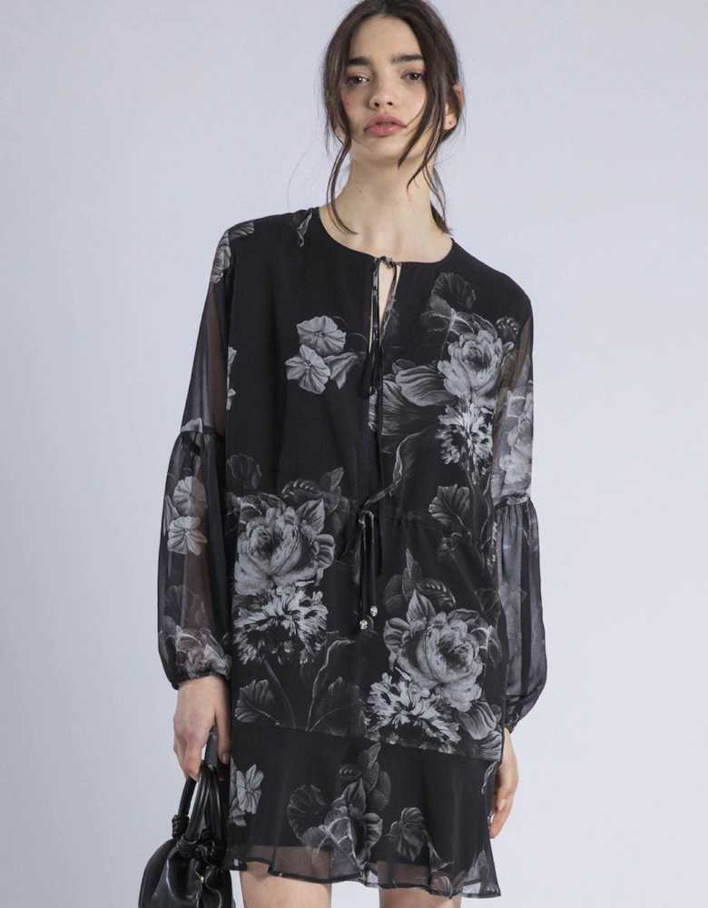 Eternity Mini Dress With Neck Tie In Floral Print - Black