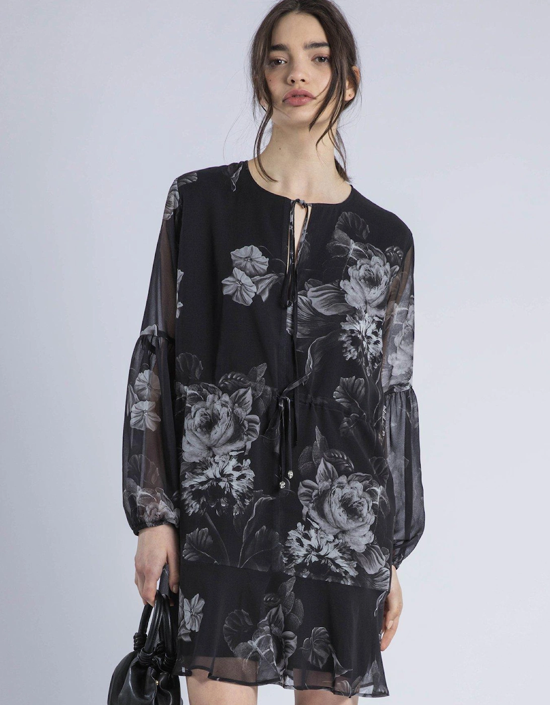 Eternity Mini Dress With Neck Tie In Floral Print - Black, 2 of 1