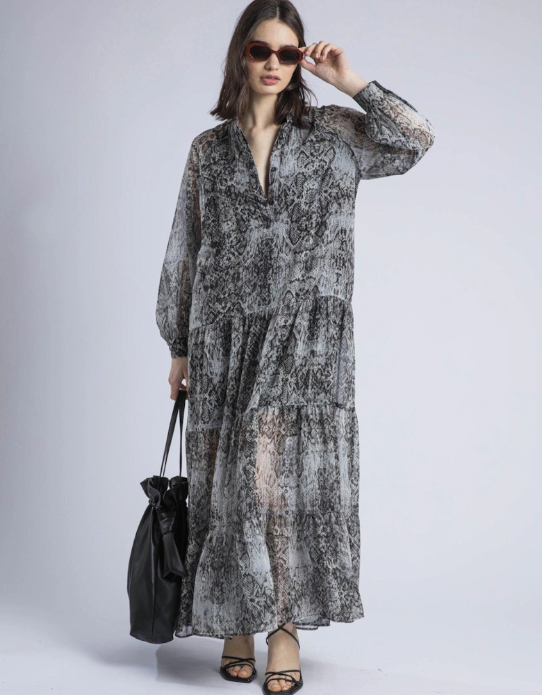 Cala Tiered Boho Maxi Dress In Snake Skin Print - Natural