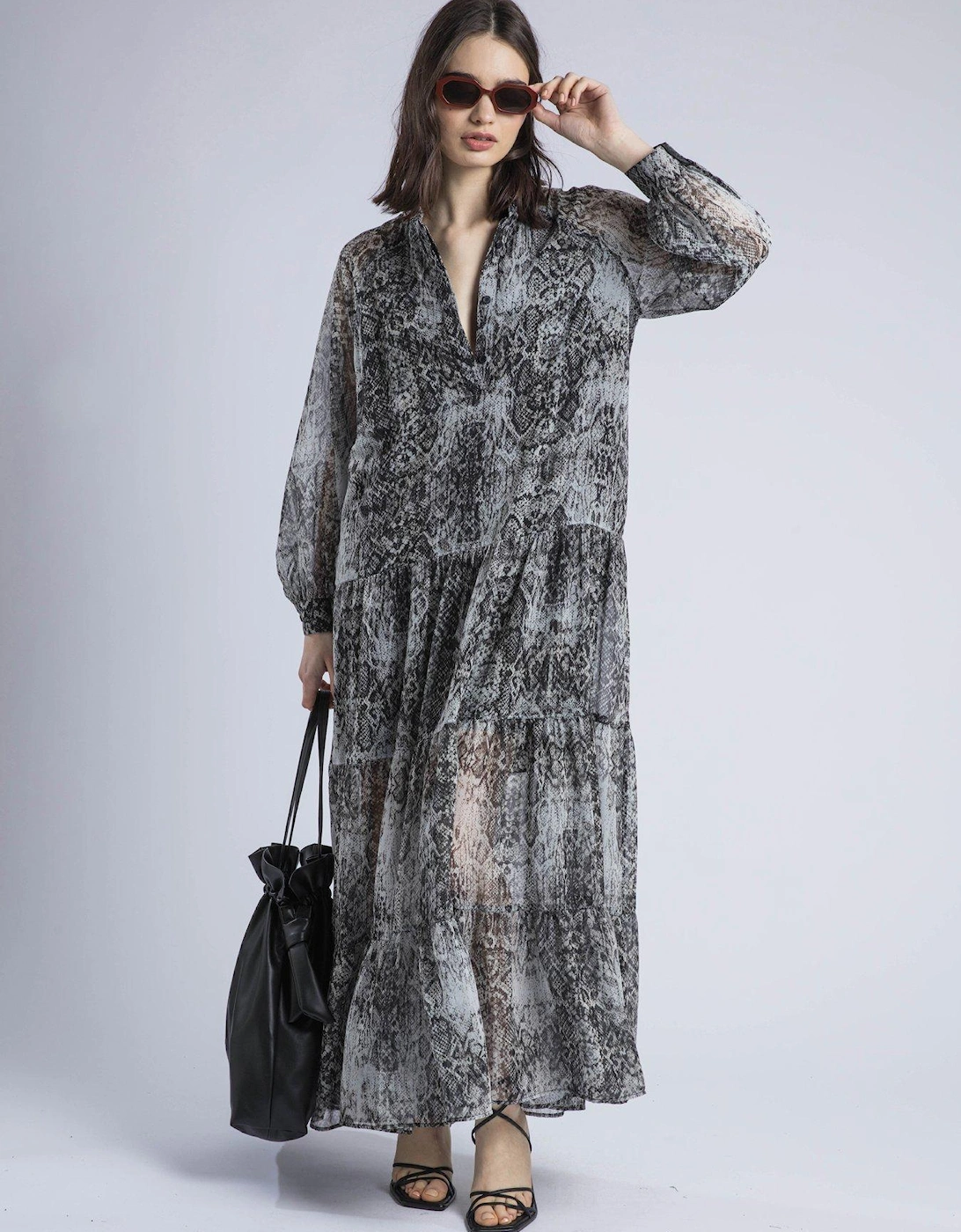 Cala Tiered Boho Maxi Dress In Snake Skin Print - Natural, 2 of 1