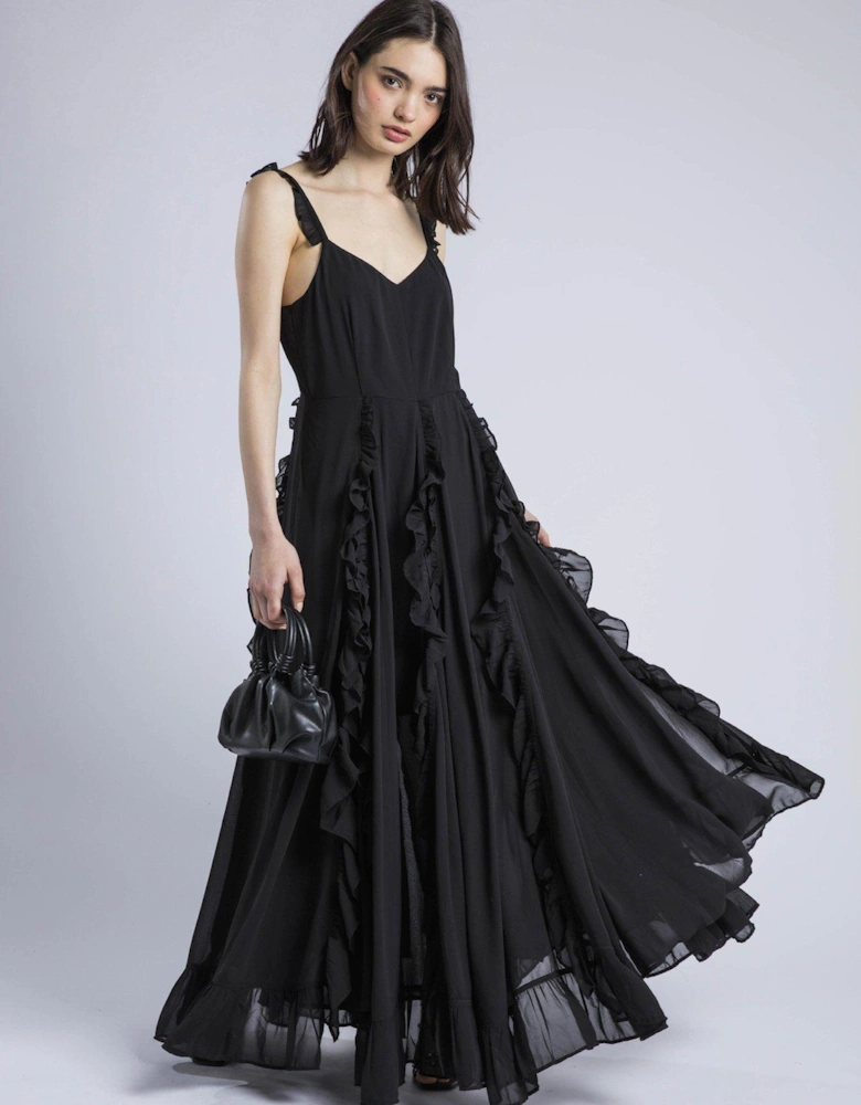Kate Maxi Ruffle Dress With Spaghetti Straps - Black
