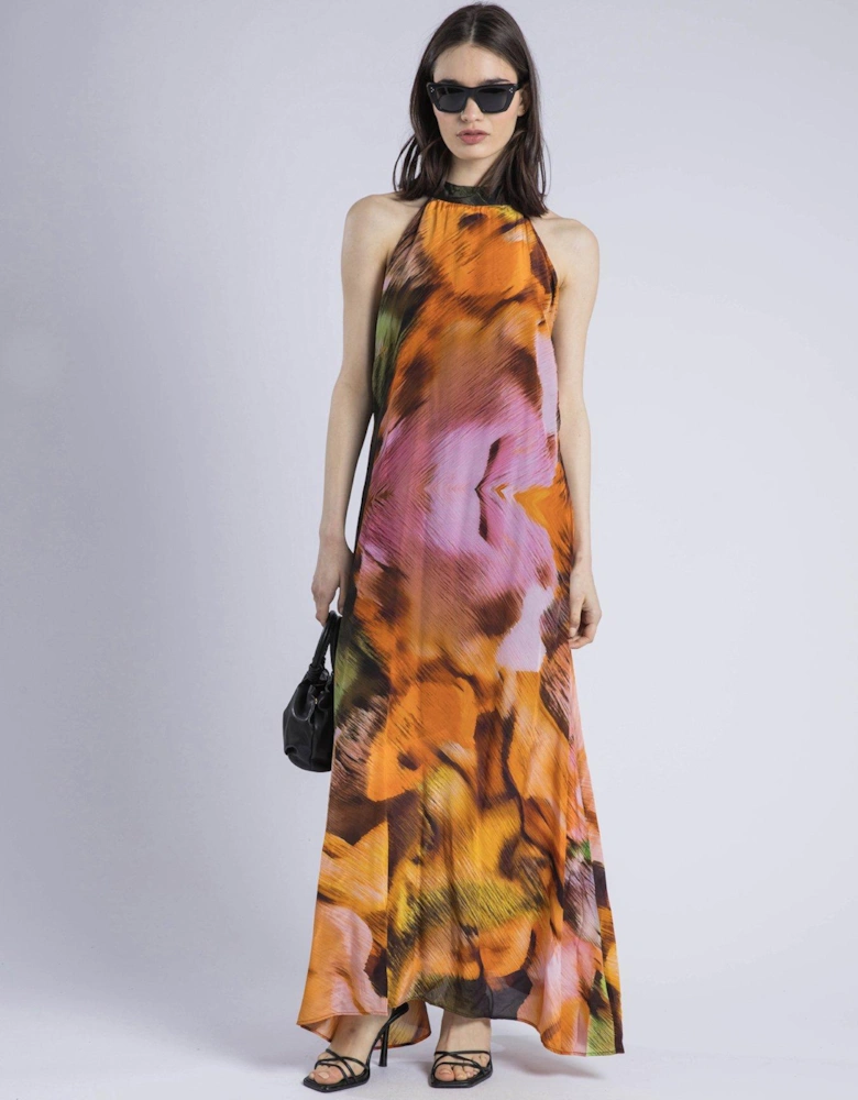 Glow Halterneck Maxi Dress In Bright Abstract Print - Orange
