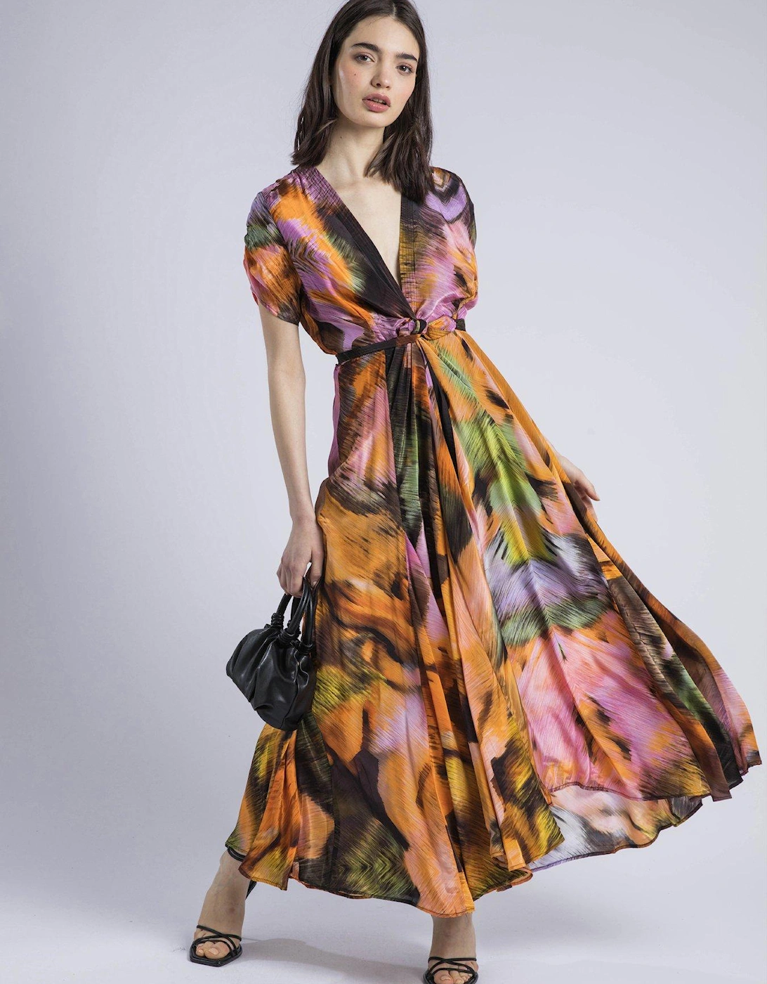 Crest Maxi Wrap Dress In Silky Fabric In Obscure Orange Print - Orange, 2 of 1