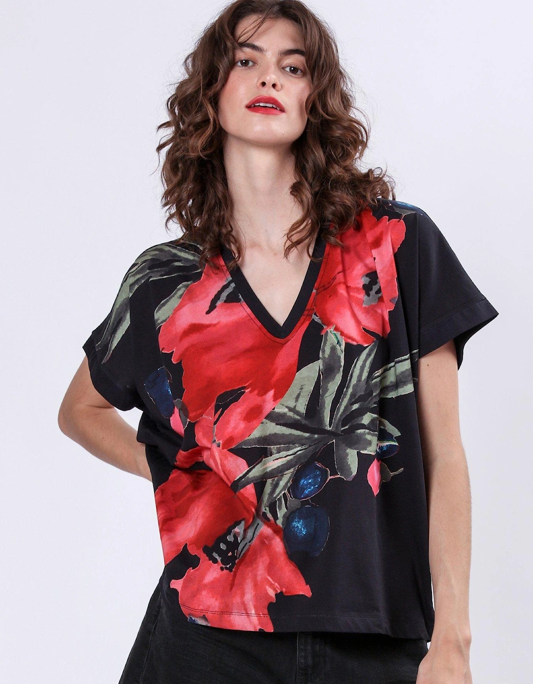 Cloak Jersey Top With Pink And Red Floral Print - Black, 2 of 1