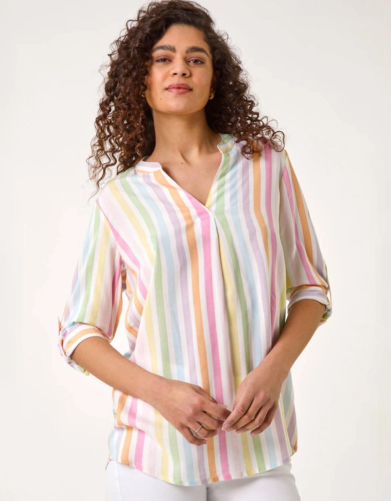 Stripe Print Pleat Detail Tunic Top