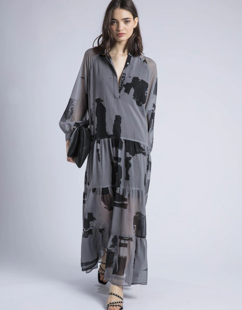 Cala Tiered Boho Maxi Dress In Abstract Print - Grey