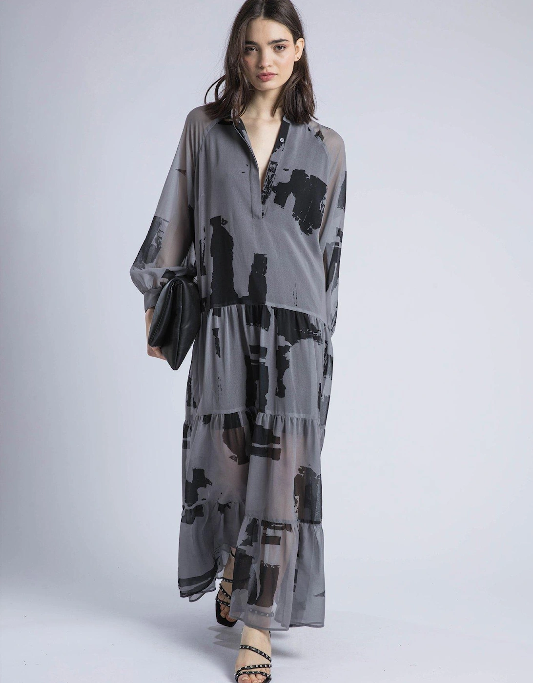 Cala Tiered Boho Maxi Dress In Abstract Print - Grey, 2 of 1