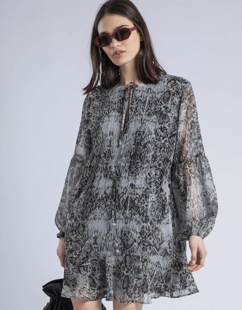 Eternity Mini Dress With Neck Tie In Snake Skin Print - Natural