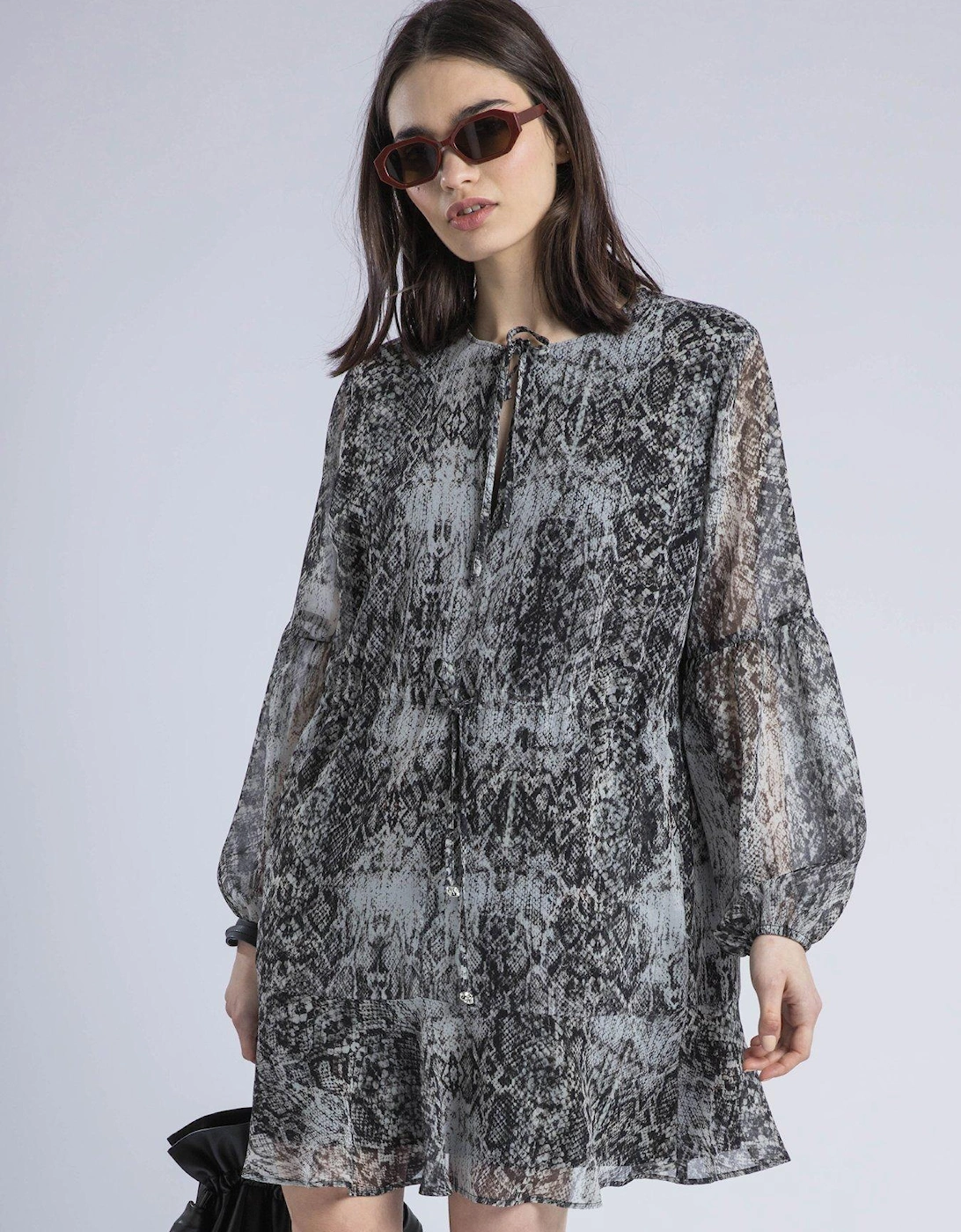 Eternity Mini Dress With Neck Tie In Snake Skin Print - Natural, 2 of 1